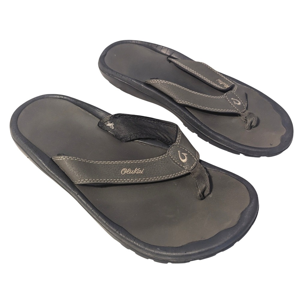OluKai Ohana Mens Size 11 Flip Flops Brown Black Water Resistant Thong Sandals